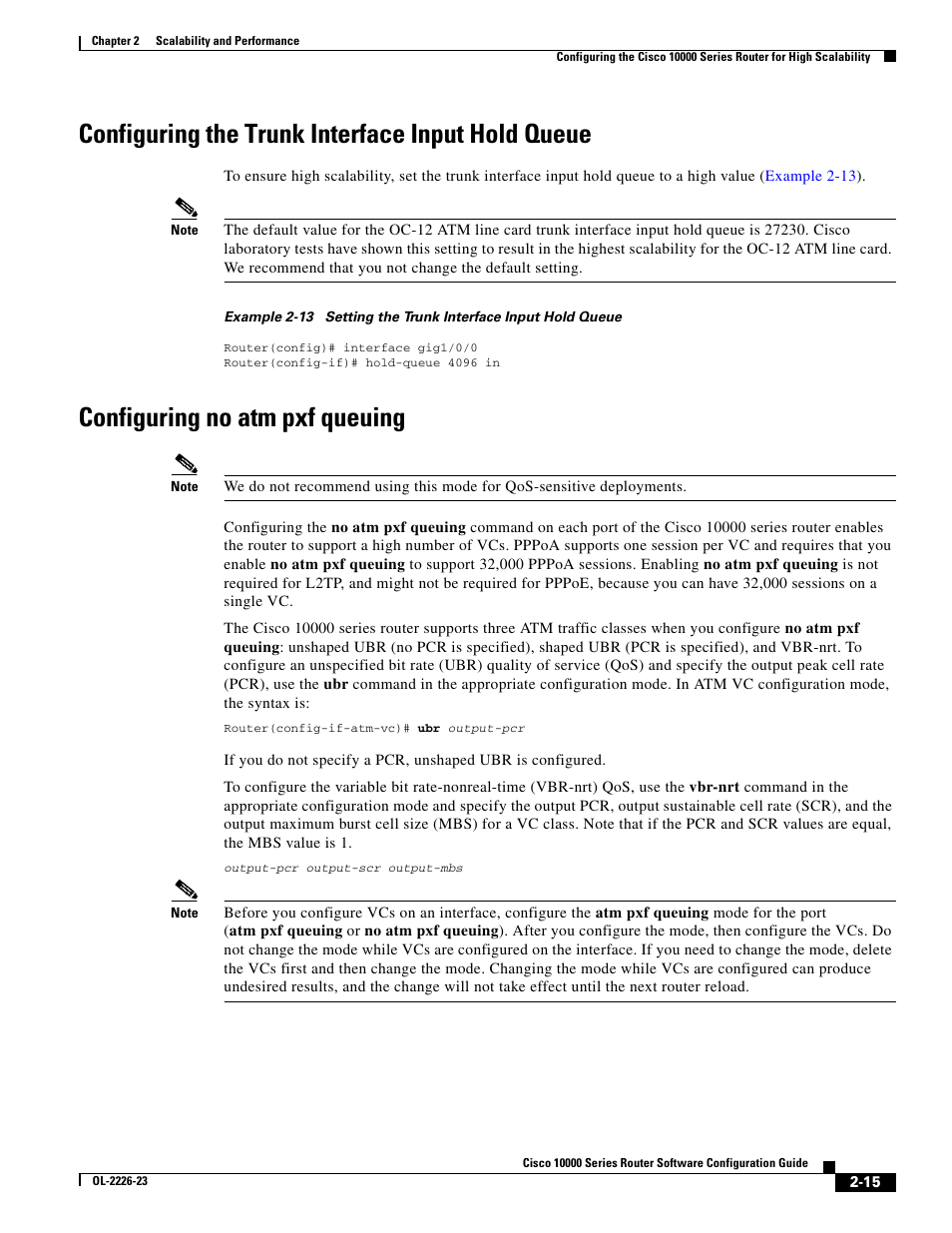 Configuring the trunk interface input hold queue, Configuring no atm pxf queuing | Cisco 10000 User Manual | Page 75 / 556