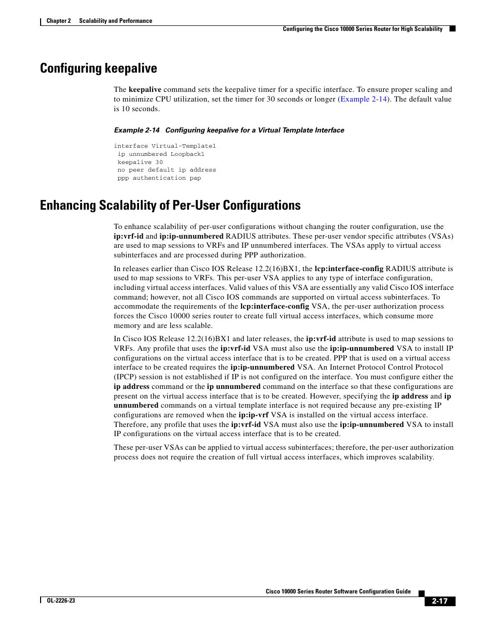 Configuring keepalive, Enhancing scalability of per-user configurations | Cisco 10000 User Manual | Page 77 / 556