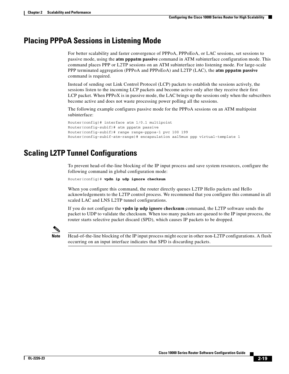 Placing pppoa sessions in listening mode, Scaling l2tp tunnel configurations | Cisco 10000 User Manual | Page 79 / 556