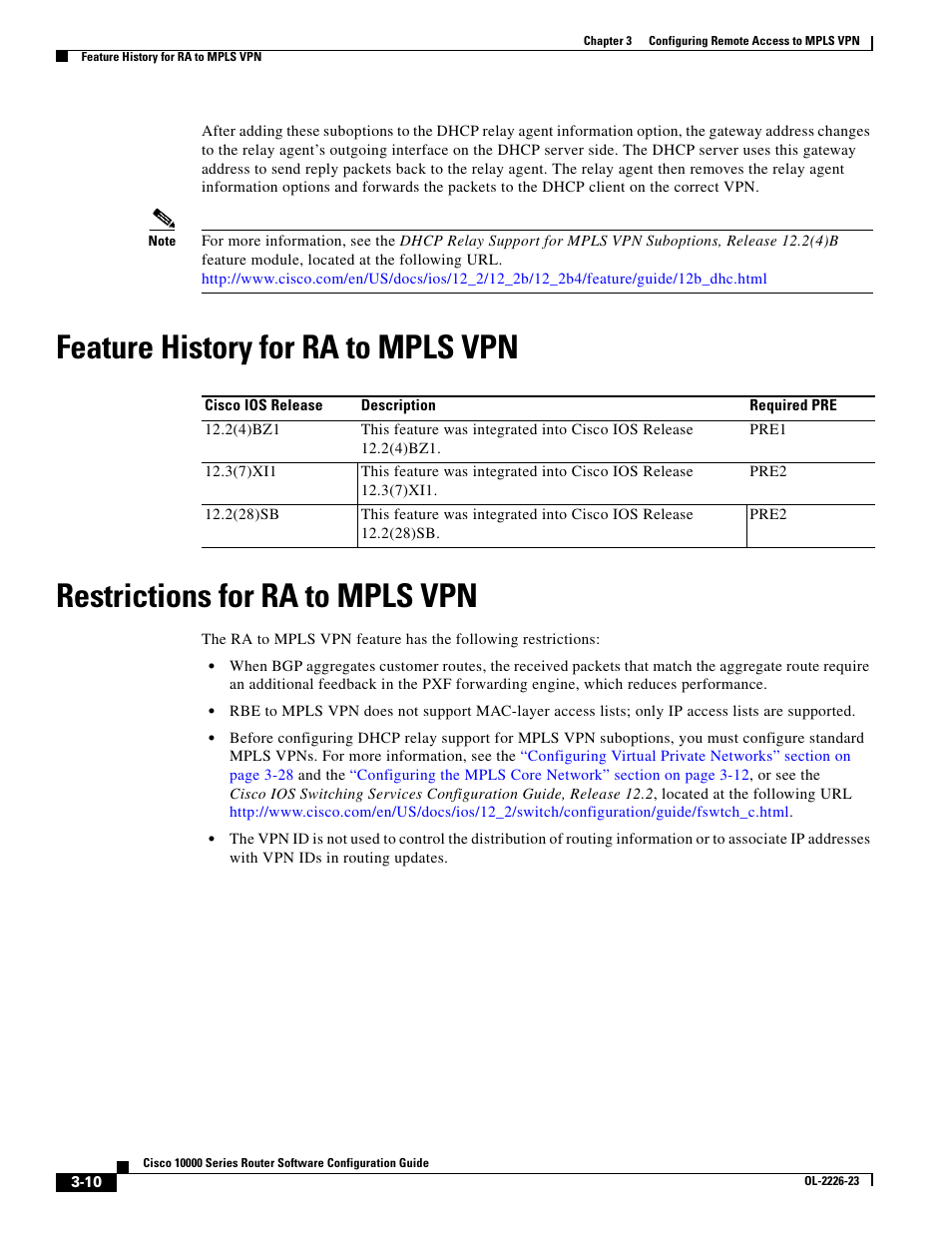 Feature history for ra to mpls vpn, Restrictions for ra to mpls vpn | Cisco 10000 User Manual | Page 92 / 556