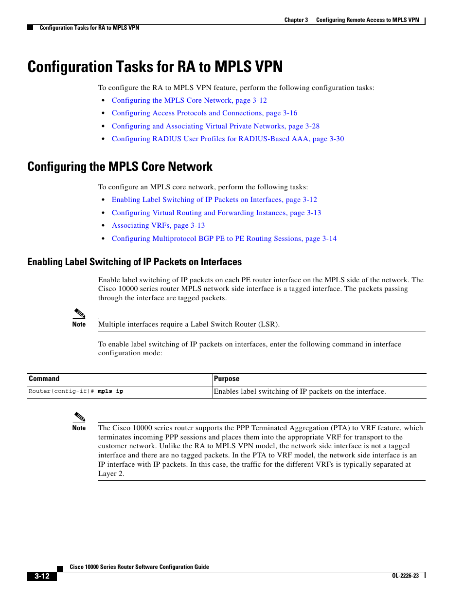 Configuration tasks for ra to mpls vpn, Configuring the mpls core network | Cisco 10000 User Manual | Page 94 / 556