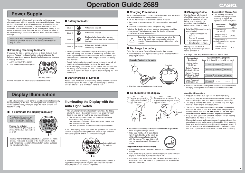 Power supply, Display illumination, Operation guide 2689 | 2❚ charging guide, Charging precautions, Flashing recovery indicator, Battery indicator, Start charging at level 3 | G-Shock GW-300CFJ-3 User Manual | Page 2 / 7