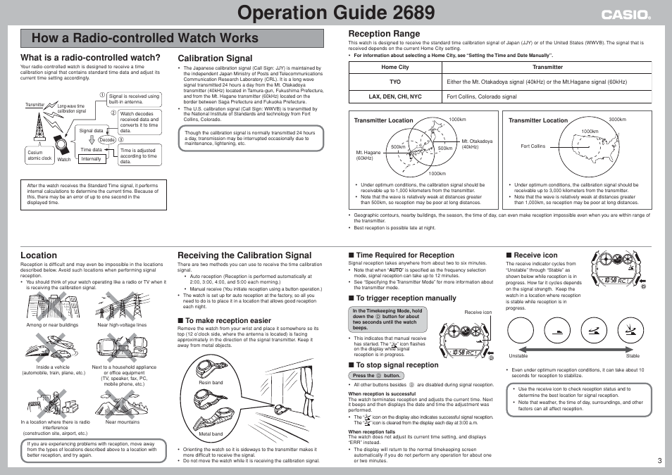 How a radio-controlled watch works, Operation guide 2689, Reception range | What is a radio-controlled watch, Calibration signal, Location, Receiving the calibration signal | G-Shock GW-300CFJ-3 User Manual | Page 3 / 7