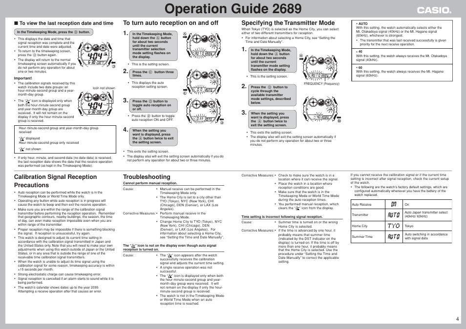 Operation guide 2689, Specifying the transmitter mode, Troubleshooting | Calibration signal reception precautions | G-Shock GW-300CFJ-3 User Manual | Page 4 / 7