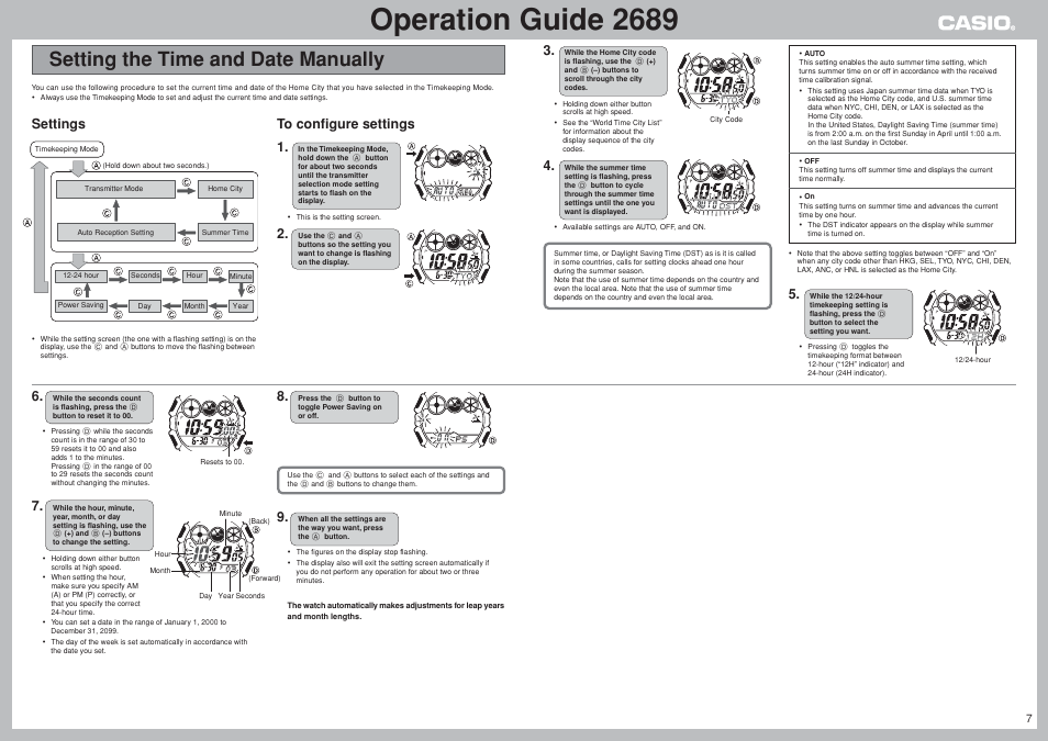 Setting the time and date manually, Operation guide 2689, Settings | G-Shock GW-300CFJ-3 User Manual | Page 7 / 7