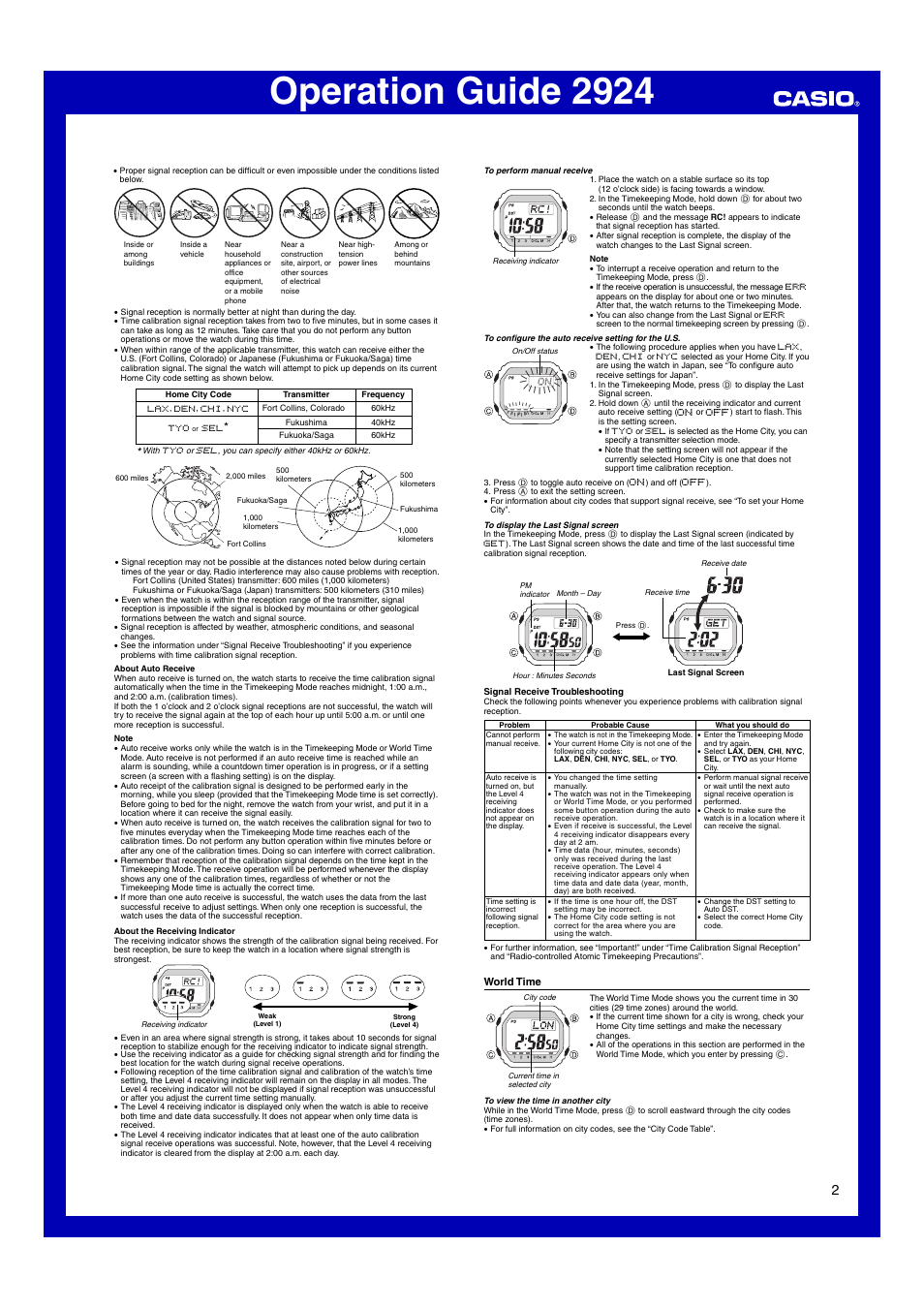 World time, Operation guide 2924 | G-Shock GW-5600BCJ-1 User Manual | Page 2 / 6