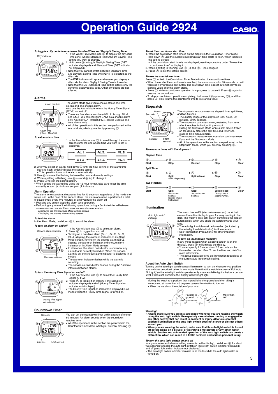 Alarms, Countdown timer, Stopwatch | Illumination, Operation guide 2924 | G-Shock GW-5600BCJ-1 User Manual | Page 3 / 6