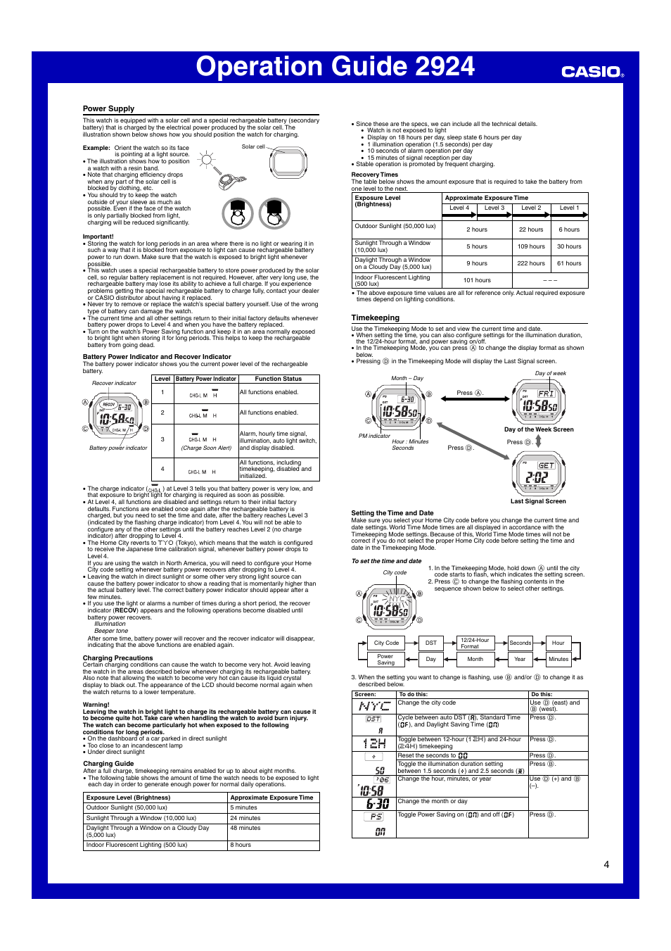 Power supply, Timekeeping, Operation guide 2924 | G-Shock GW-5600BCJ-1 User Manual | Page 4 / 6