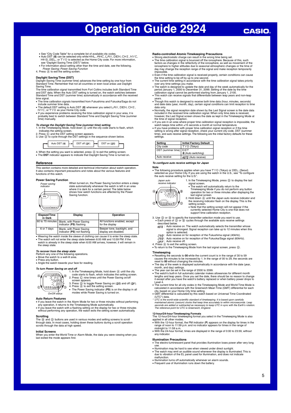Reference, Operation guide 2924 | G-Shock GW-5600BCJ-1 User Manual | Page 5 / 6