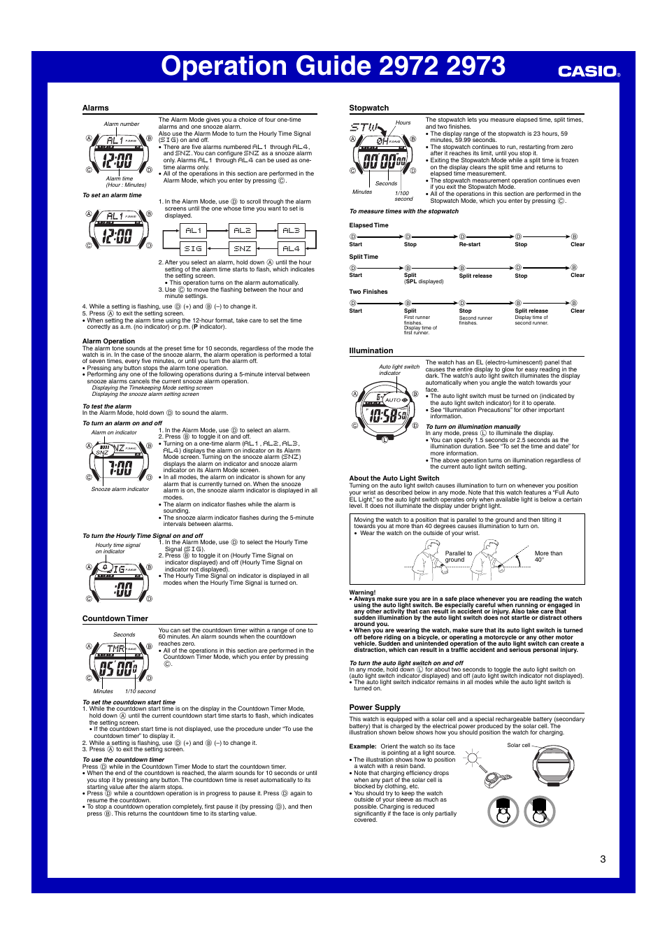 Alarms, Countdown timer, Stopwatch | Illumination, Power supply | G-Shock GW-600DJ-1 User Manual | Page 3 / 6