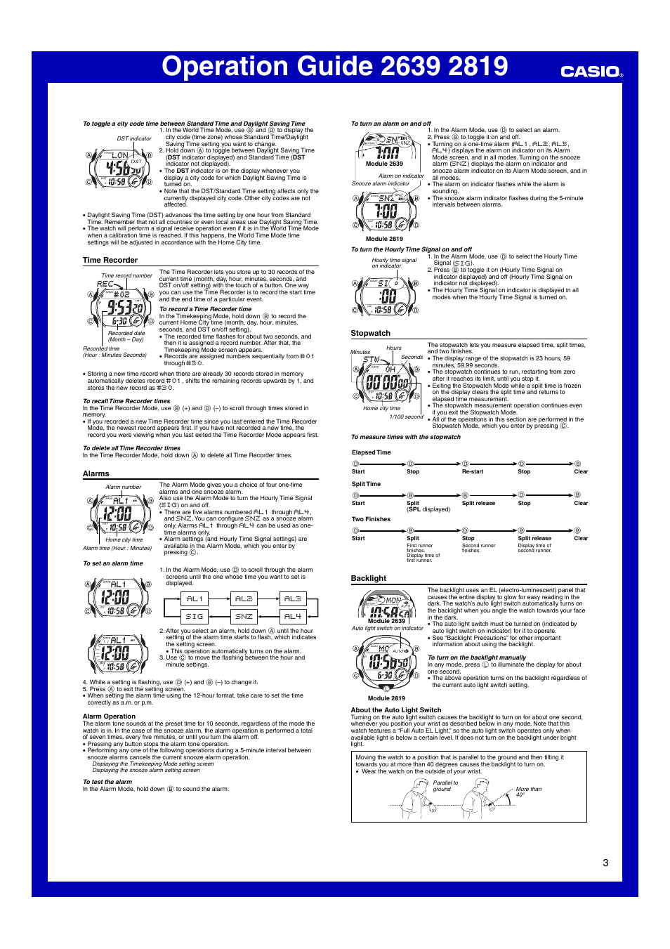 Time recorder, Alarms, Stopwatch | Backlight | Casio 2639 User Manual | Page 3 / 6