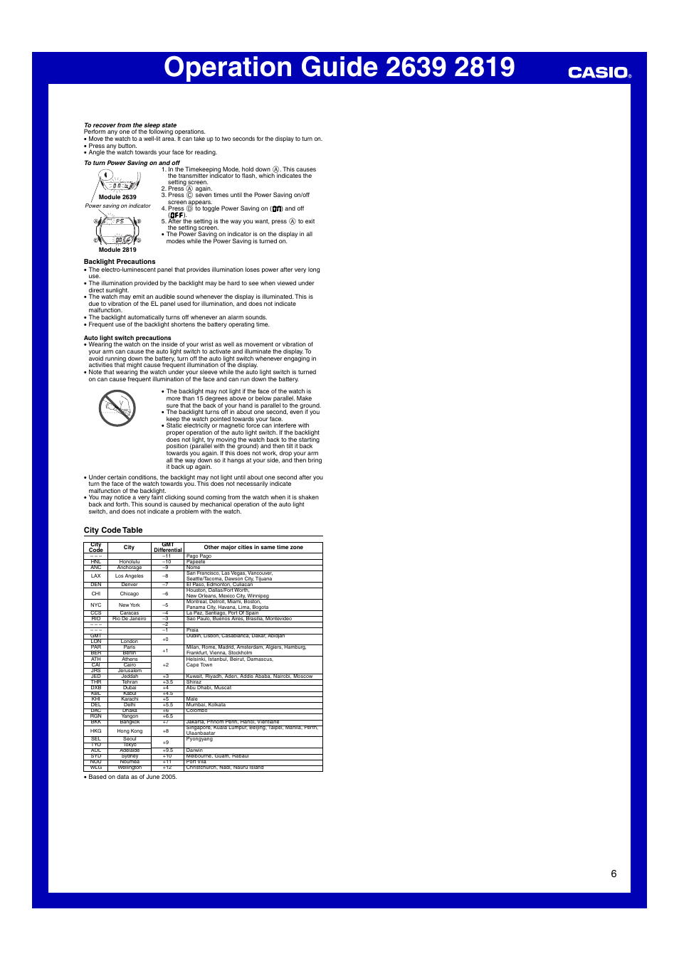 City code table | Casio 2639 User Manual | Page 6 / 6