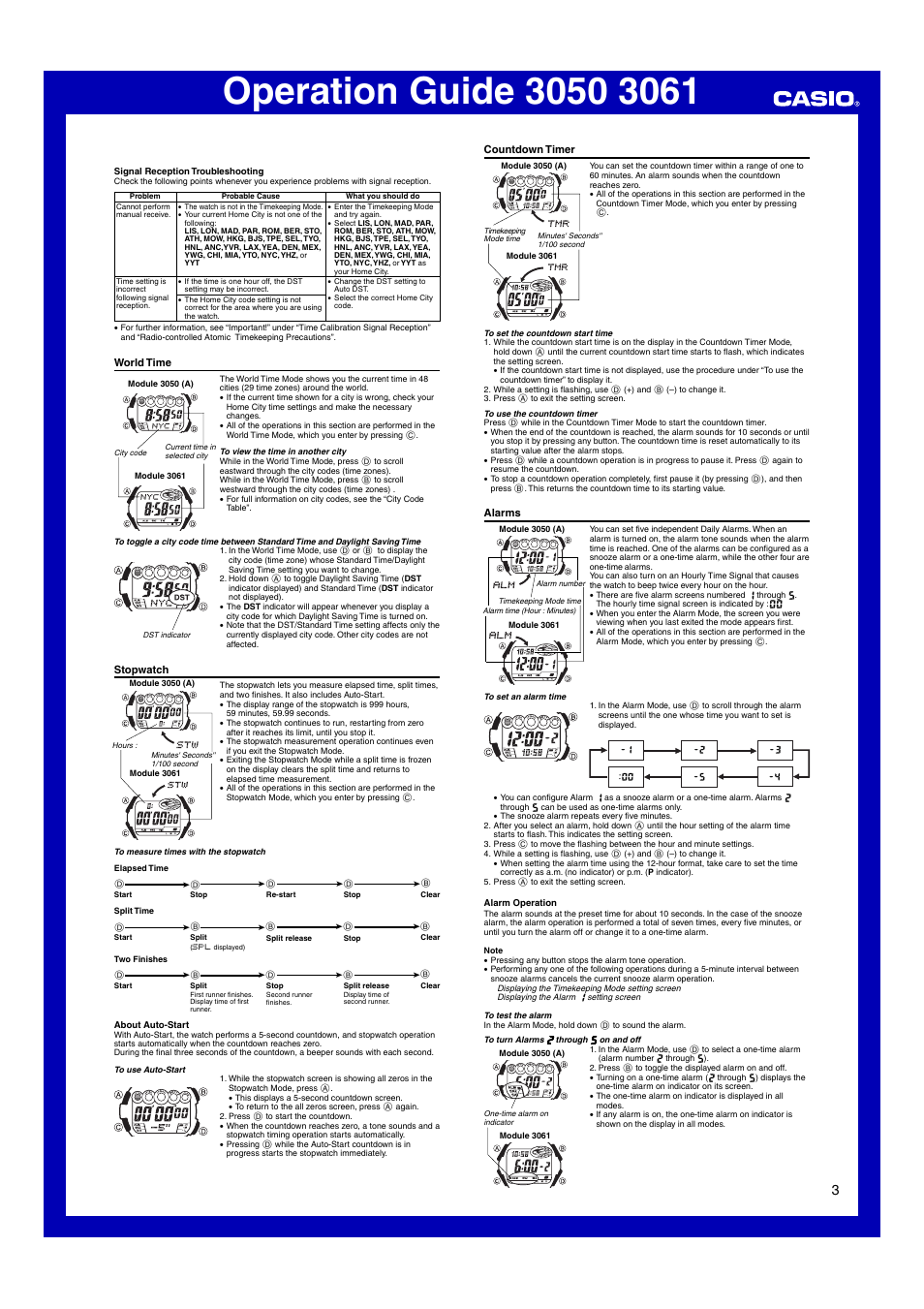 World time, Stopwatch, Countdown timer | Alarms | G-Shock GW-800-1V User Manual | Page 3 / 6