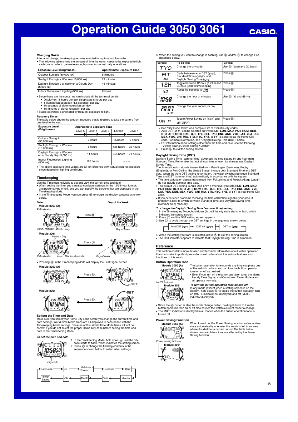 Timekeeping, Reference | G-Shock GW-800-1V User Manual | Page 5 / 6