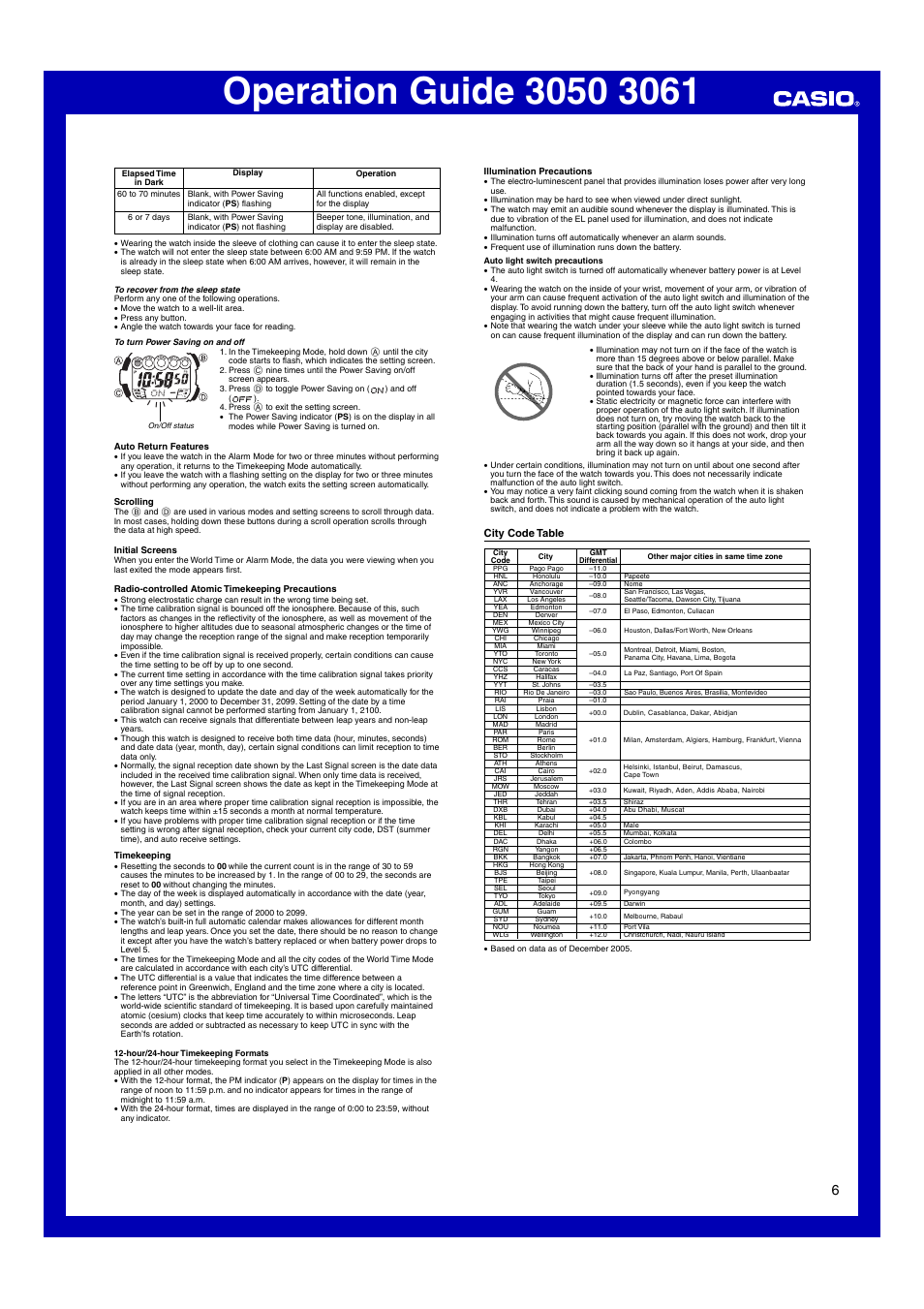 City code table | G-Shock GW-800-1V User Manual | Page 6 / 6