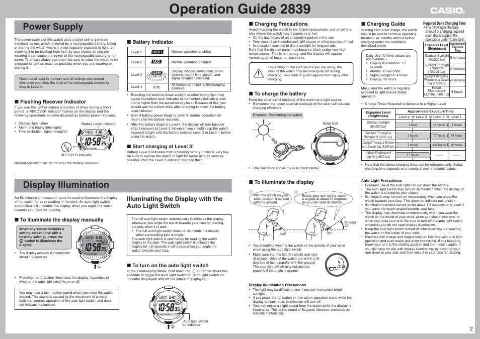 Power supply, Display illumination, Operation guide 2839 | G-Shock GW-900BJ-4 User Manual | Page 2 / 9