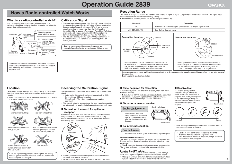How a radio-controlled watch works, Operation guide 2839, Location | What is a radio-controlled watch, Calibration signal, Reception range, Receiving the calibration signal | G-Shock GW-900BJ-4 User Manual | Page 3 / 9