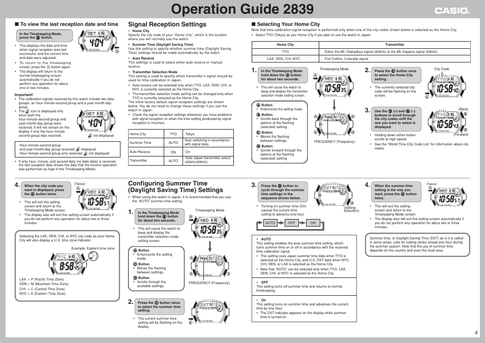 Operation guide 2839, Signal reception settings, 4❚ to view the last reception date and time | Selecting your home city | G-Shock GW-900BJ-4 User Manual | Page 4 / 9