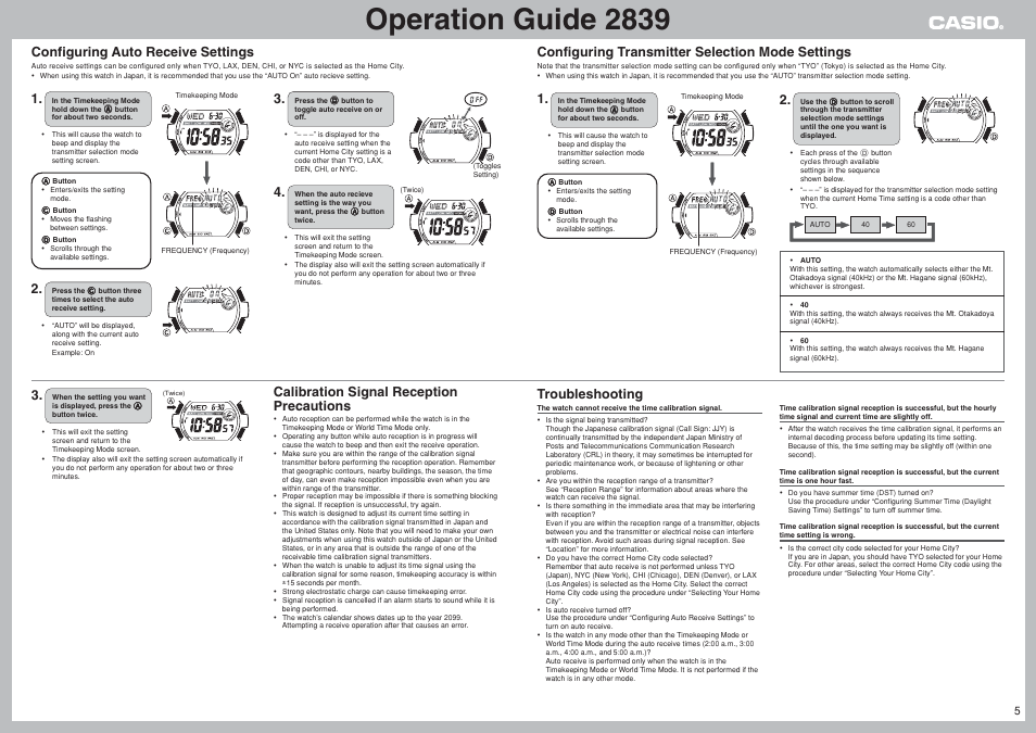 Operation guide 2839, Configuring auto receive settings, Configuring transmitter selection mode settings | Calibration signal reception precautions, Troubleshooting | G-Shock GW-900BJ-4 User Manual | Page 5 / 9