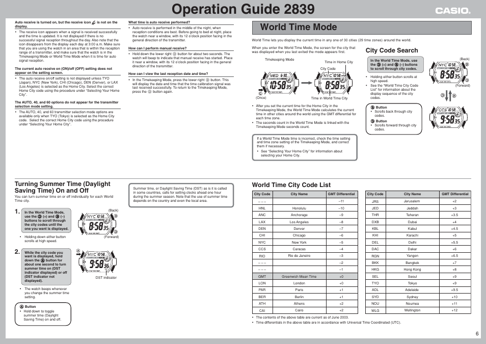 World time mode, Operation guide 2839, City code search | World time city code list | G-Shock GW-900BJ-4 User Manual | Page 6 / 9