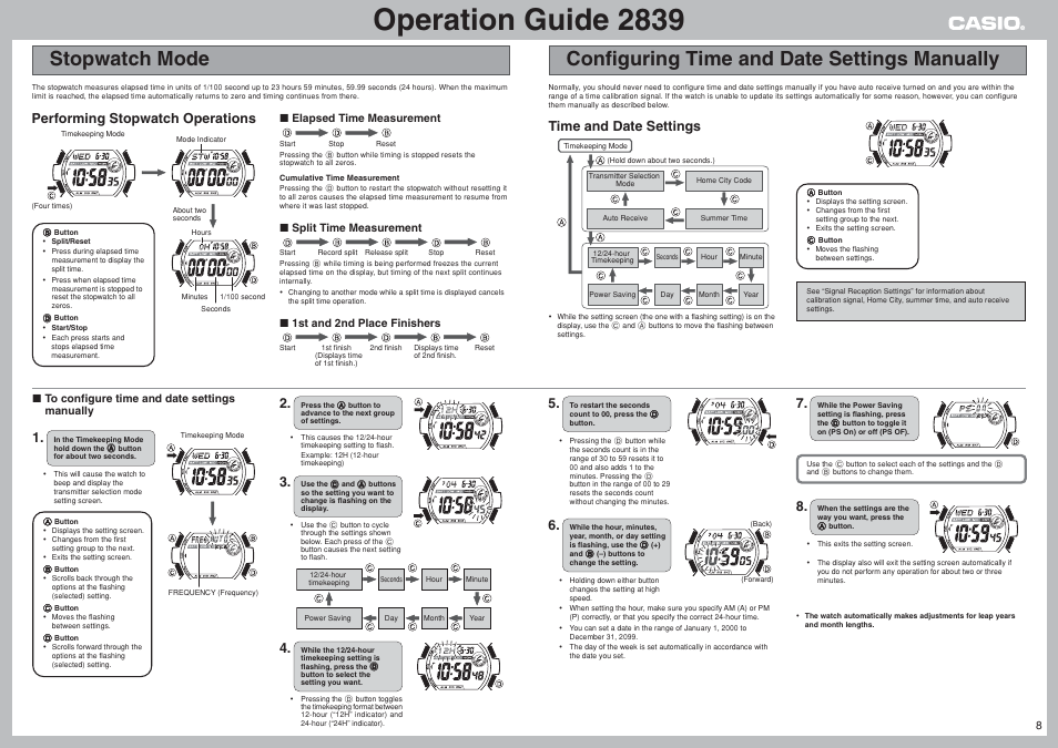 Stopwatch mode, Configuring time and date settings manually, Operation guide 2839 | Performing stopwatch operations, Time and date settings, Elapsed time measurement, Split time measurement, 1st and 2nd place finishers | G-Shock GW-900BJ-4 User Manual | Page 8 / 9