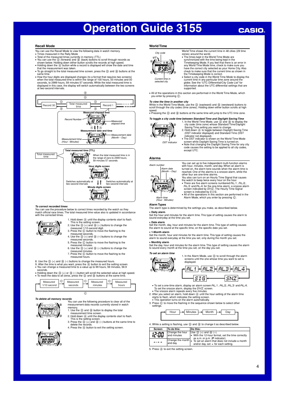 Recall mode, World time, Alarms | Operation guide 3155 | G-Shock GW-M850-7 User Manual | Page 4 / 8