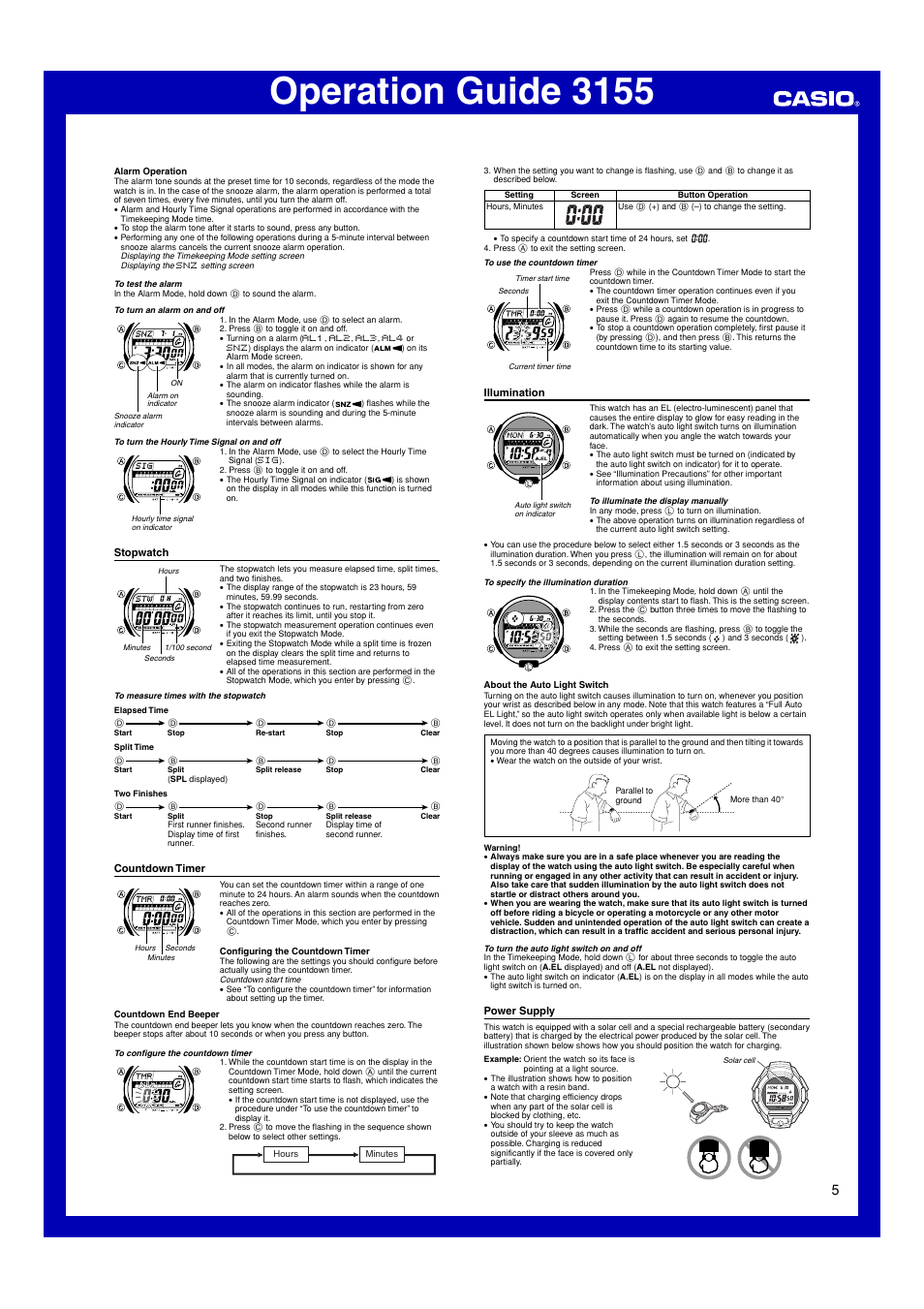 Stopwatch, Countdown timer, Illumination | Power supply, Operation guide 3155 | G-Shock GW-M850-7 User Manual | Page 5 / 8