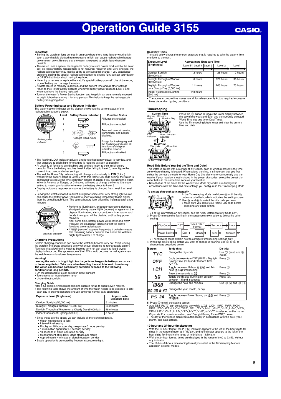 Timekeeping, Operation guide 3155 | G-Shock GW-M850-7 User Manual | Page 6 / 8