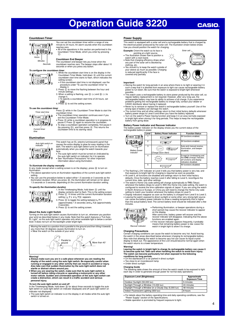 Countdown timer, Illumination, Power supply | Operation guide 3220 | G-Shock GXW56E-1 User Manual | Page 4 / 6