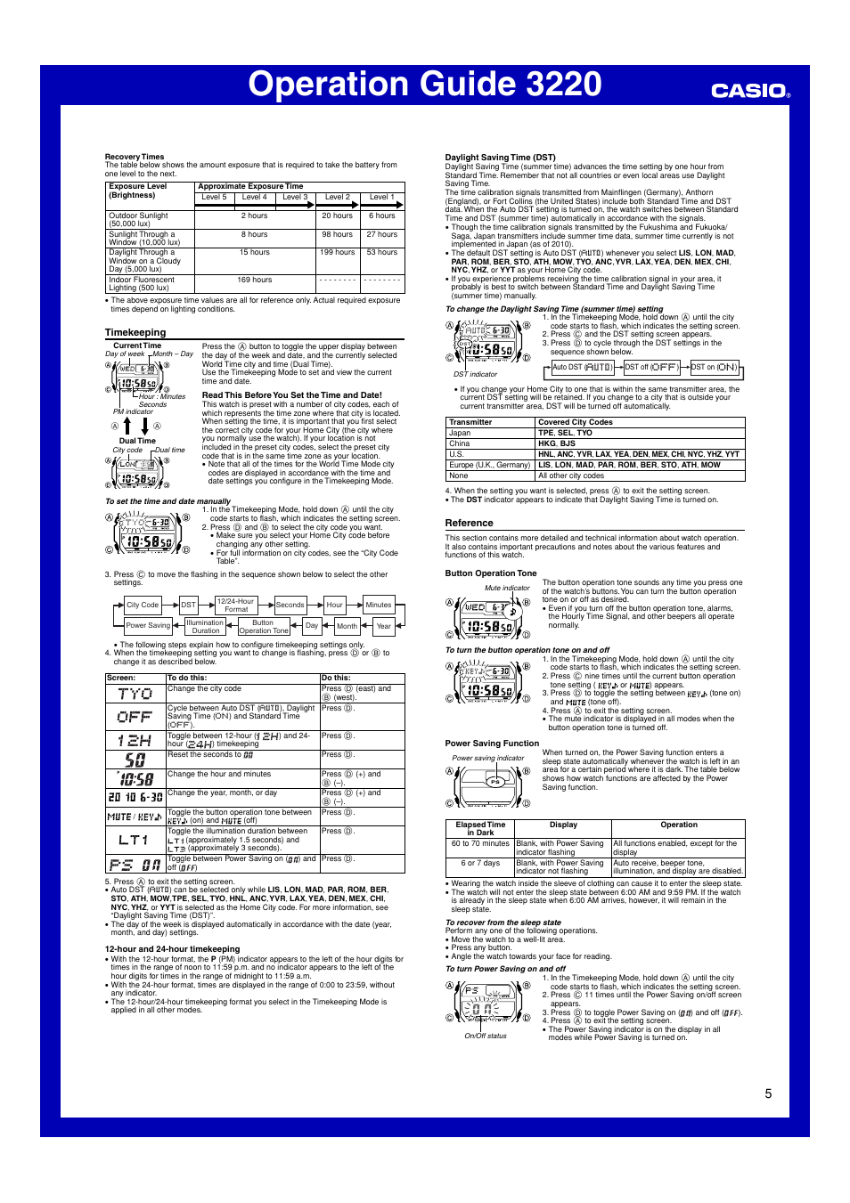 Timekeeping, Reference, Operation guide 3220 | G-Shock GXW56E-1 User Manual | Page 5 / 6