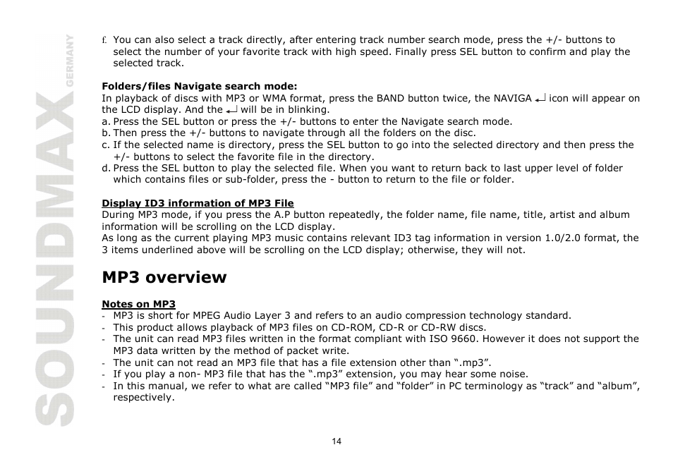 Mp3 overview | SoundMax SM-CDM1068 User Manual | Page 14 / 38