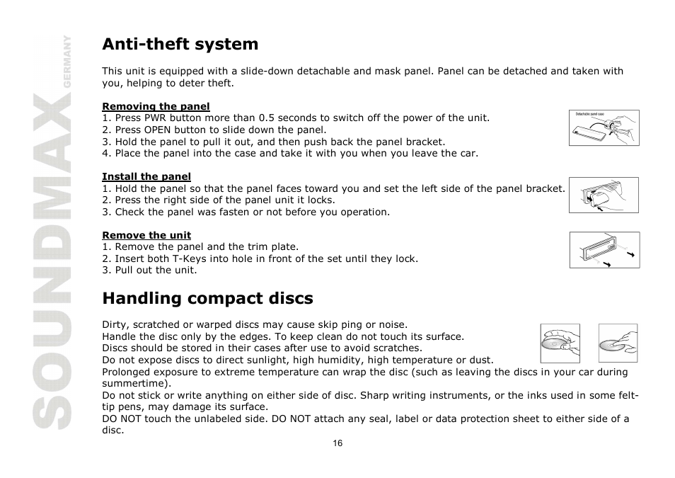 Anti-theft system, Handling compact discs | SoundMax SM-CDM1068 User Manual | Page 16 / 38