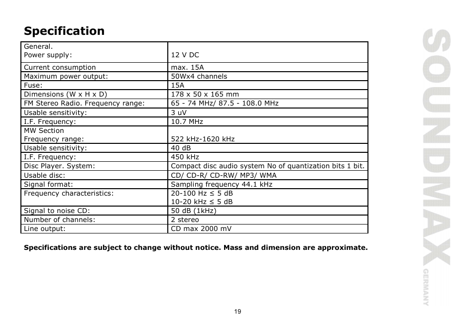 Specification | SoundMax SM-CDM1068 User Manual | Page 19 / 38