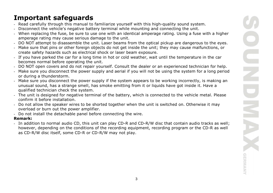 Important safeguards | SoundMax SM-CDM1068 User Manual | Page 3 / 38