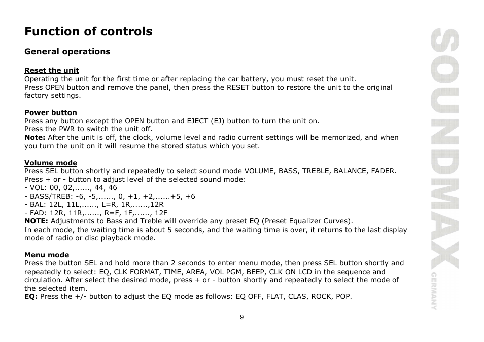 Function of controls | SoundMax SM-CDM1068 User Manual | Page 9 / 38