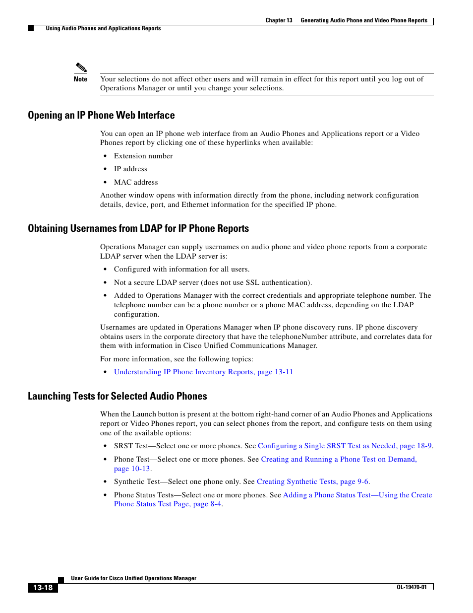 Opening an ip phone web interface, Obtaining usernames from ldap for ip phone reports, Launching tests for selected audio phones | Opening an ip phone web, Obtaining | Cisco UNIFIED OPERATIONS MANAGER OL-19470-01 User Manual | Page 18 / 48
