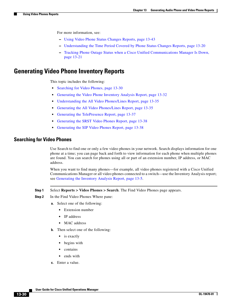 Generating video phone inventory reports, Searching for video phones | Cisco UNIFIED OPERATIONS MANAGER OL-19470-01 User Manual | Page 30 / 48