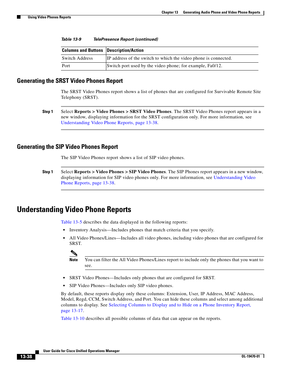 Generating the srst video phones report, Generating the sip video phones report, Understanding video phone reports | Generating the srst, Understanding video phone | Cisco UNIFIED OPERATIONS MANAGER OL-19470-01 User Manual | Page 38 / 48