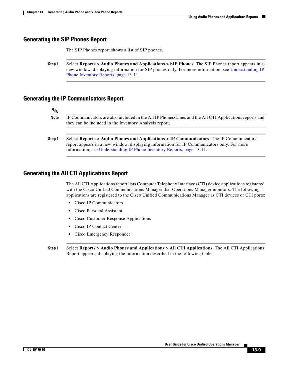 Generating the sip phones report, Generating the ip communicators report, Generating the all cti applications report | Cisco UNIFIED OPERATIONS MANAGER OL-19470-01 User Manual | Page 9 / 48