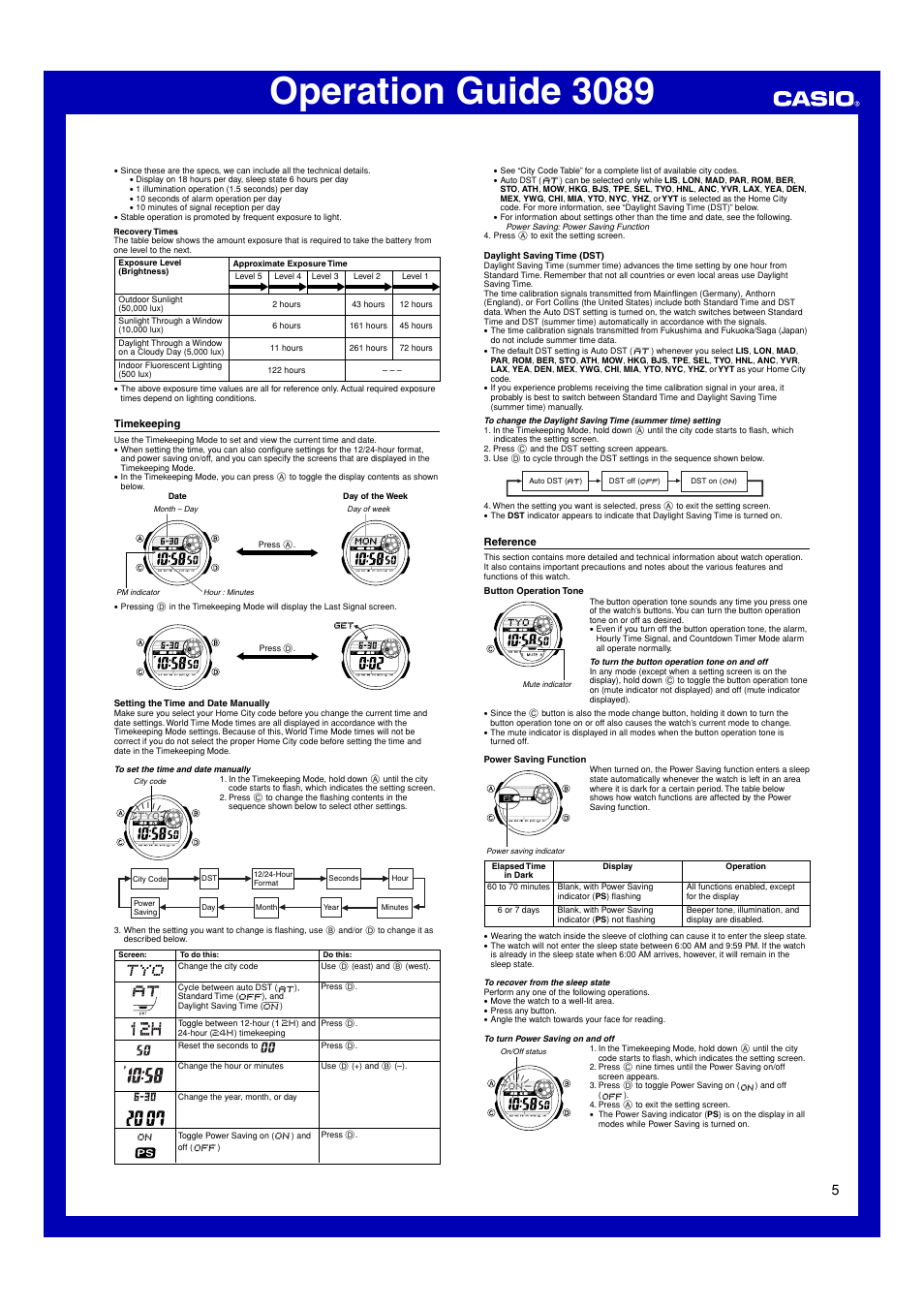 Timekeeping, Reference, Operation guide 3089 | G-Shock GW-9100-1 User Manual | Page 5 / 6