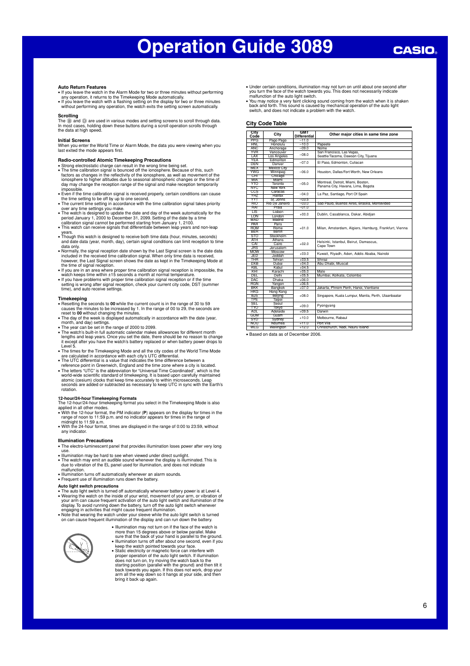 City code table, Operation guide 3089 | G-Shock GW-9100-1 User Manual | Page 6 / 6