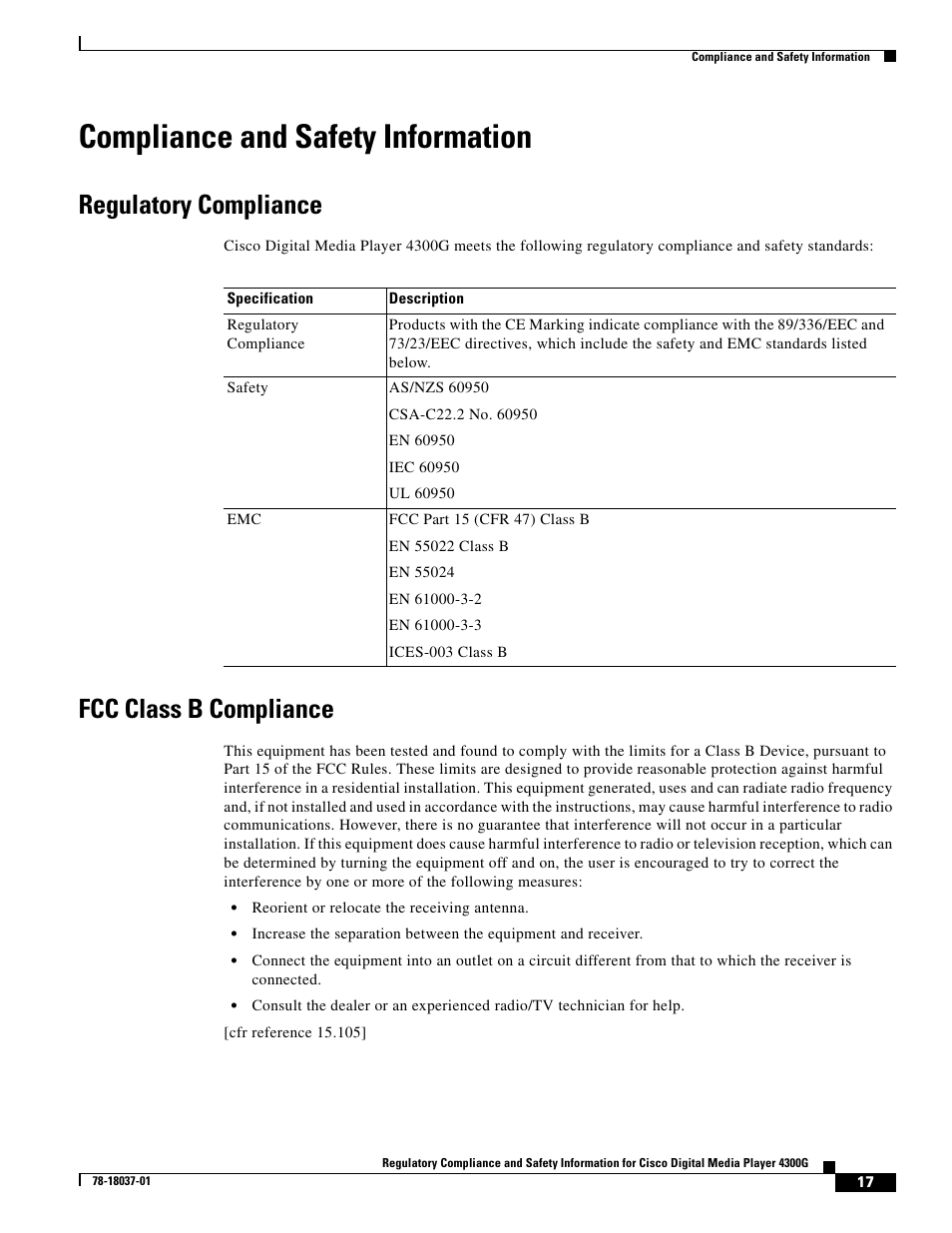 Compliance and safety information, Regulatory compliance, Fcc class b compliance | Cisco Cisco Digital Media Player 4300G 4300G User Manual | Page 17 / 24