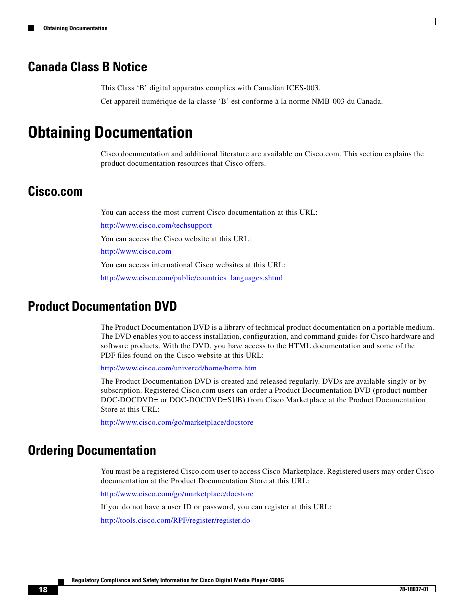 Canada class b notice, Obtaining documentation, Cisco.com | Product documentation dvd, Ordering documentation | Cisco Cisco Digital Media Player 4300G 4300G User Manual | Page 18 / 24