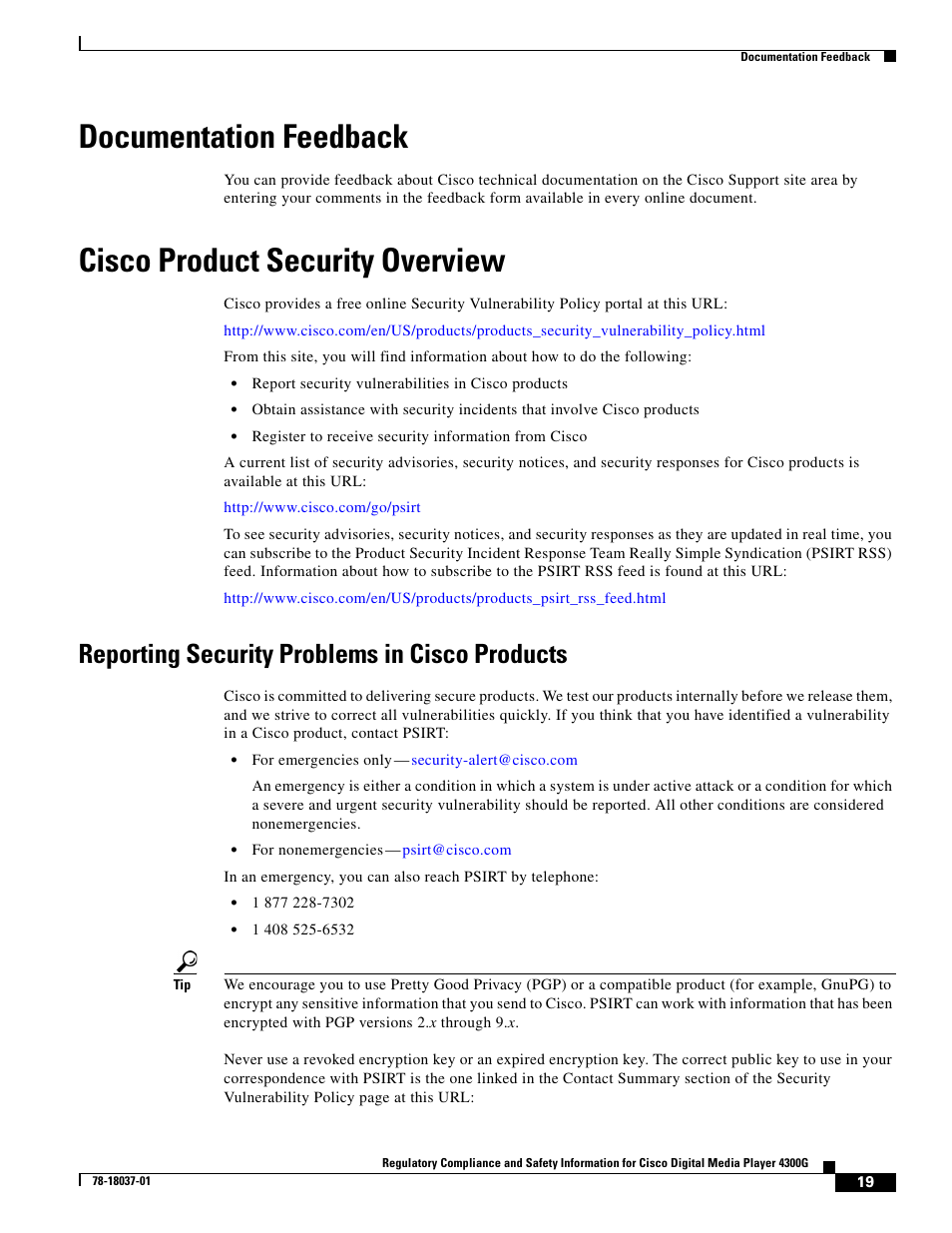 Documentation feedback, Cisco product security overview, Reporting security problems in cisco products | Cisco Cisco Digital Media Player 4300G 4300G User Manual | Page 19 / 24