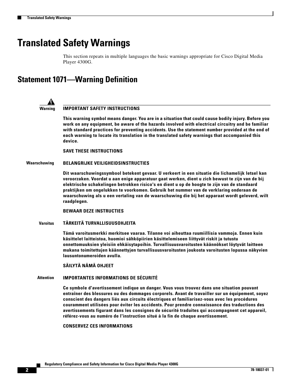 Translated safety warnings, Statement 1071-warning definition, Statement 1071—warning definition | Cisco Cisco Digital Media Player 4300G 4300G User Manual | Page 2 / 24