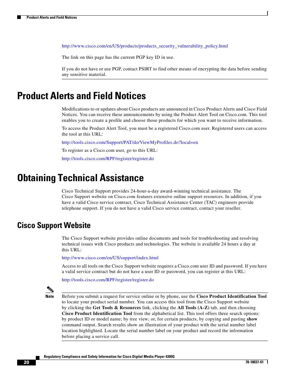 Product alerts and field notices, Obtaining technical assistance, Cisco support website | Cisco Cisco Digital Media Player 4300G 4300G User Manual | Page 20 / 24