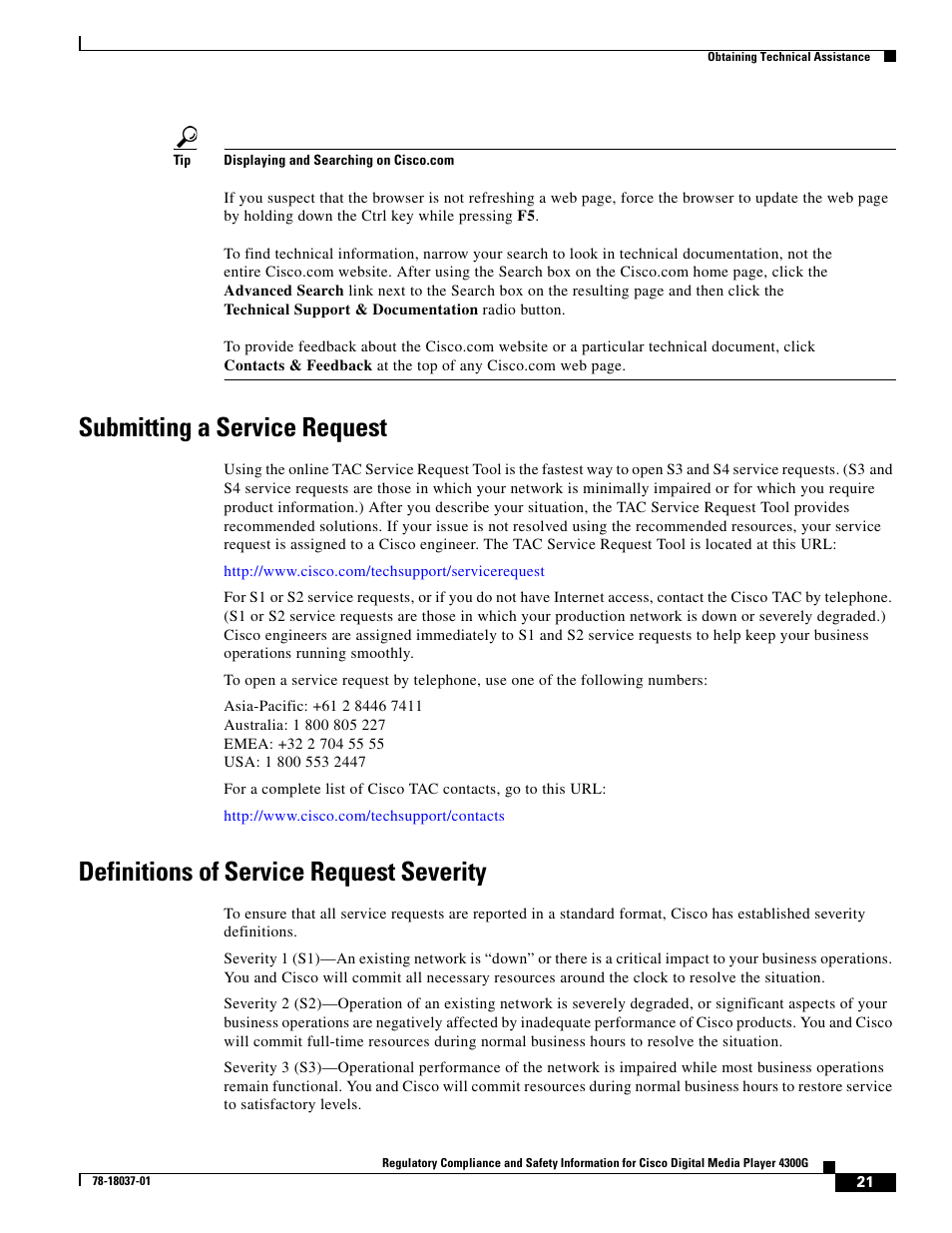 Submitting a service request, Definitions of service request severity | Cisco Cisco Digital Media Player 4300G 4300G User Manual | Page 21 / 24