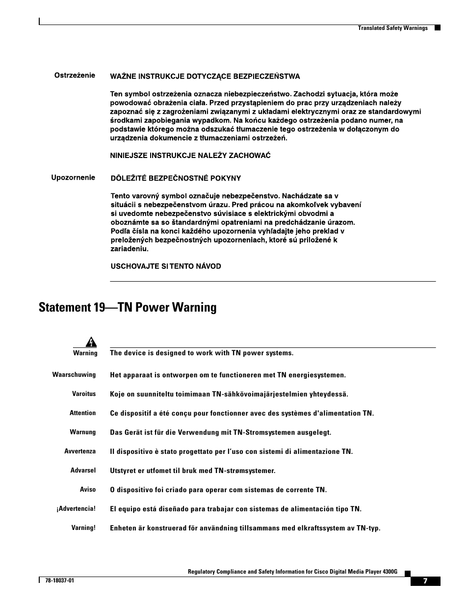 Statement 19-tn power warning, Statement 19—tn power warning | Cisco Cisco Digital Media Player 4300G 4300G User Manual | Page 7 / 24