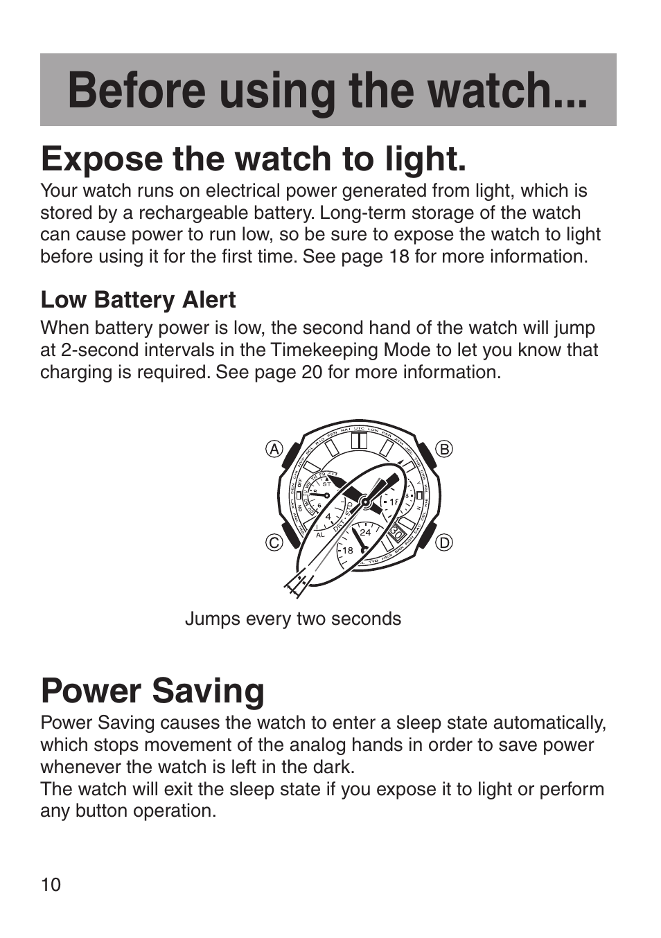 Before using the watch, Expose the watch to light, Power saving | G-Shock MRG-8100B-1A User Manual | Page 11 / 92