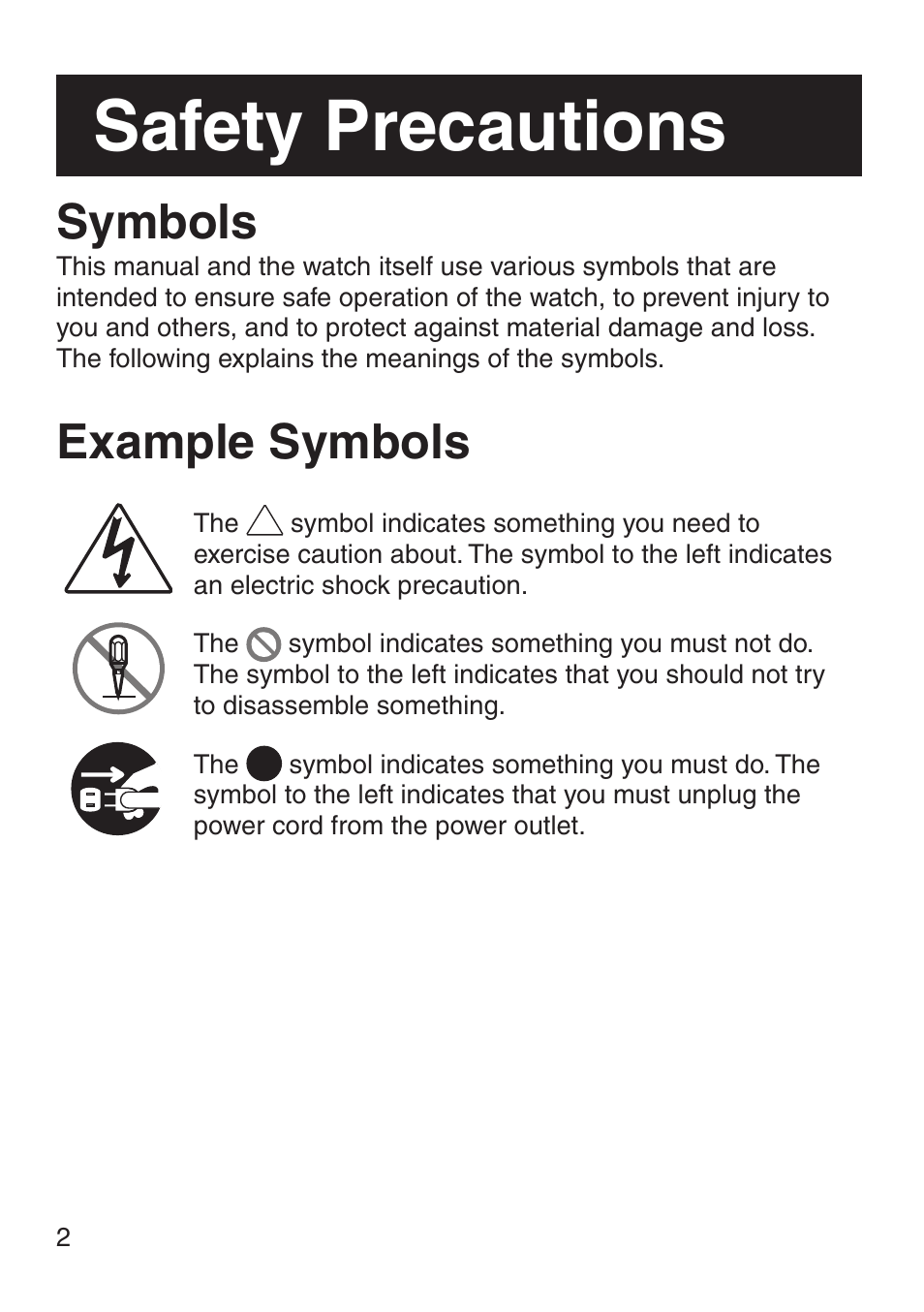 Safety precautions, Symbols, Example symbols | G-Shock MRG-8100B-1A User Manual | Page 3 / 92